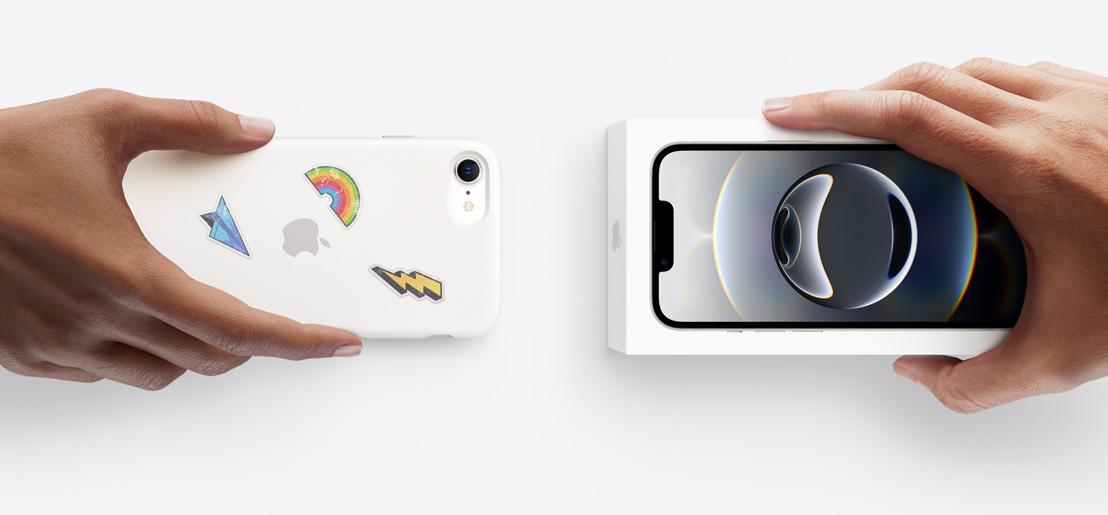 Trade-in showcase with an old iPhone and a new boxed iPhone